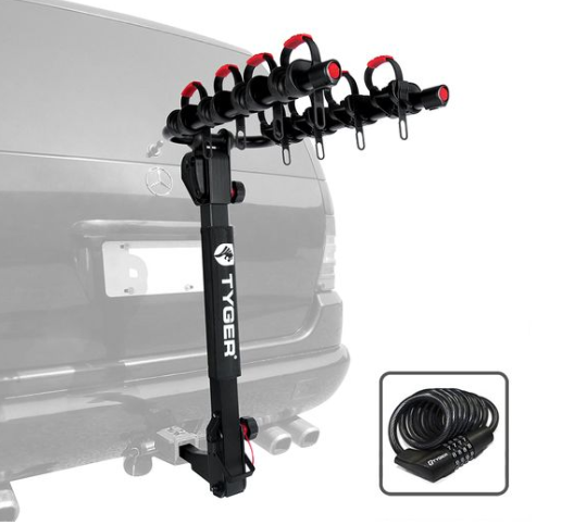Tyger Auto Deluxe 4-Bike Carrier Rack With Hitch Pin Lock & Cable Lock  • TG-RK4B102B