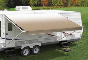 Carefree Fiesta 15'W x 8' Ext. Vinyl Fade Camel Manual RV Patio Awning with White Weather Cover  • EA156B00