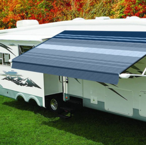 Carefree Eclipse 14'W x 8' Ext. Vinyl Striped Ocean Blue Power RV Patio Awning with White Weather Cover  • QJ148E00