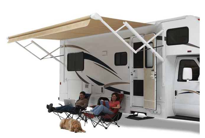 Carefree of Colorado Eclipse 15'W x 8' Ext. Vinyl Fade Camel Power RV Patio Awning with White Weather Cover  • QJ156B00