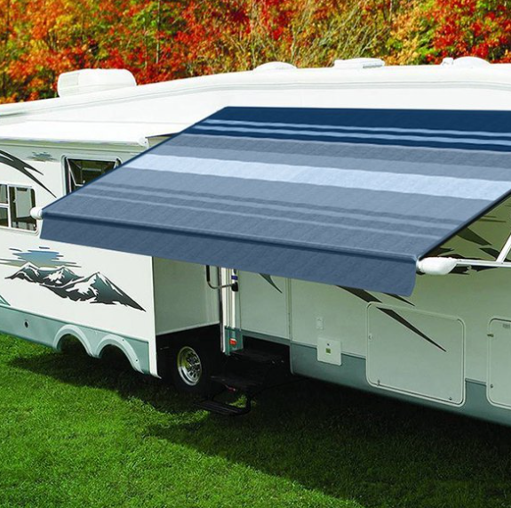 Carefree of Colorado Eclipse 14'W x 8' Ext. Vinyl Striped Ocean Blue Power RV Patio Awning with White Weather Cover  • QJ148E00